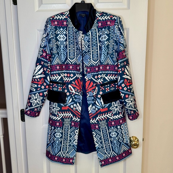 Bohemian Velvet Trim Long Blazer Tribal Print Native Indie Colorful Floryday Med - Picture 4 of 9